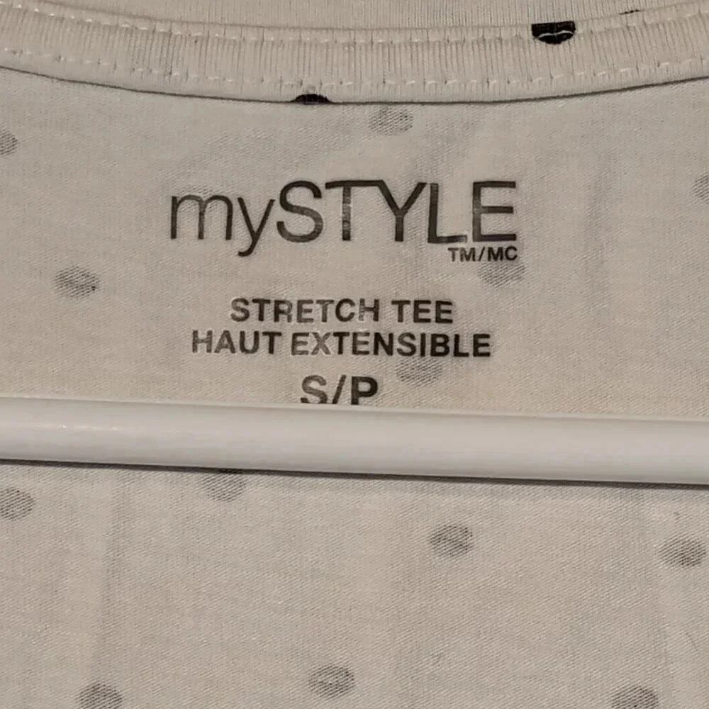 My Style Women's White with Navy Polka Dot Short Sleeve Stretch T-Shirt in Small - Picture 3 of 9